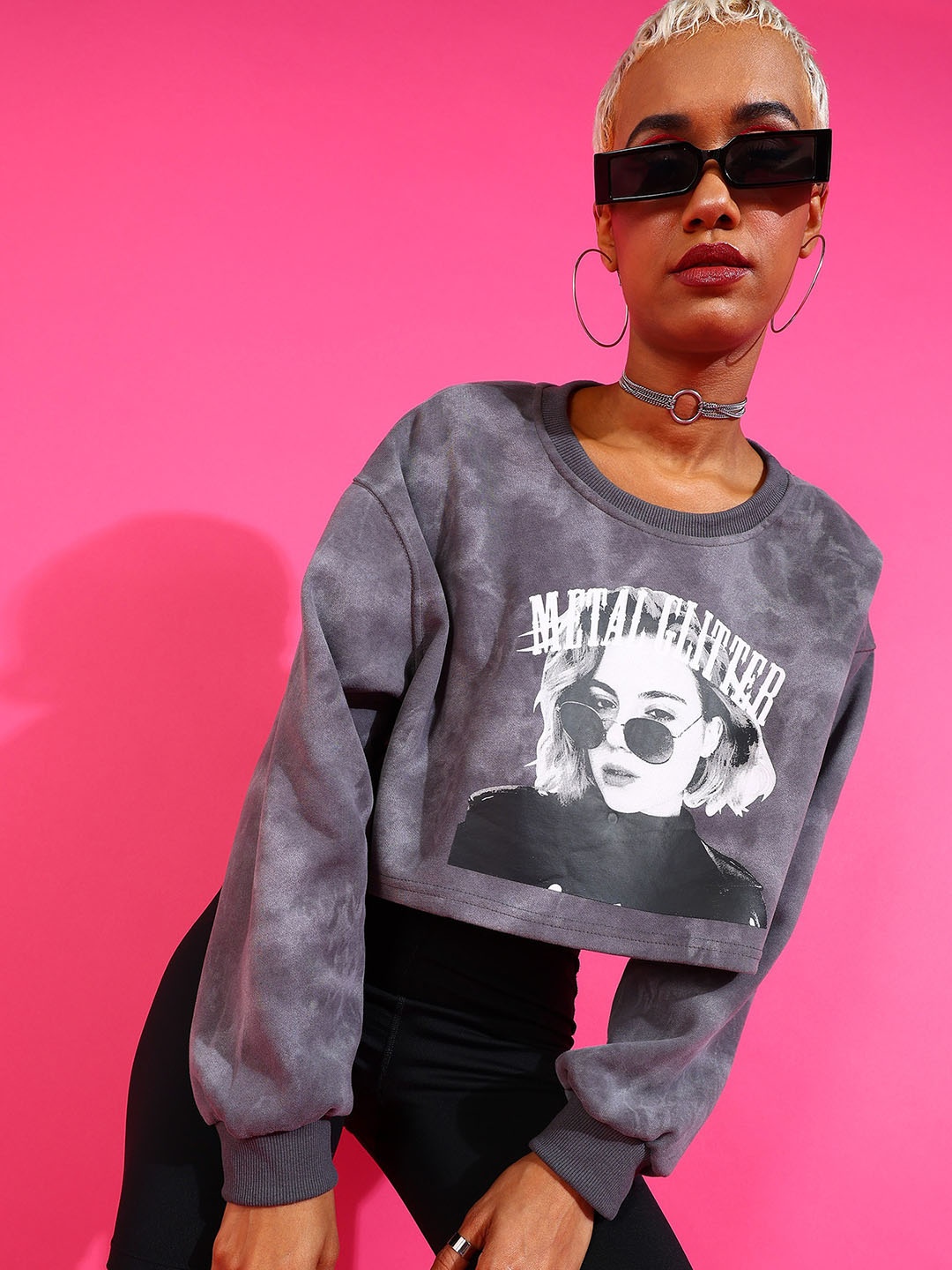 

SHECZZAR Print Long Sleeves Round Neck Cotton Top, Grey