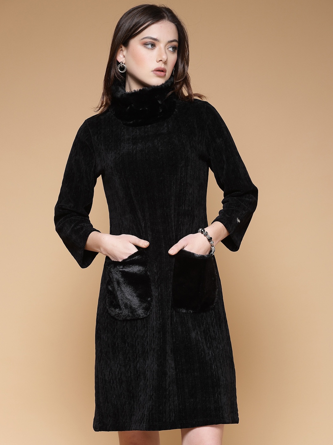 

Juelle Mock Neck Woollen Sheath Dress, Black