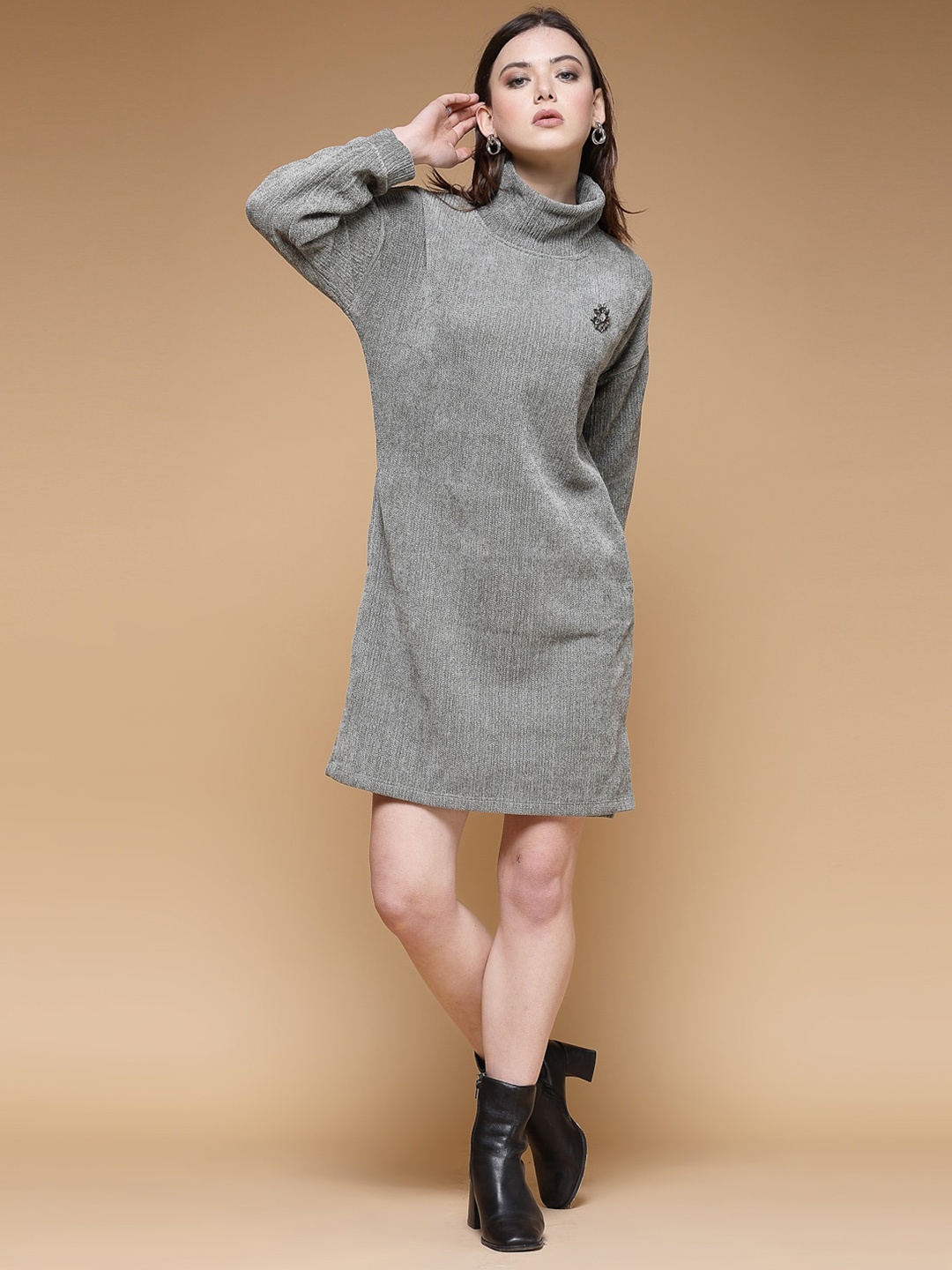 

Juelle Hooded Neck Woollen T-shirt Dress, Grey