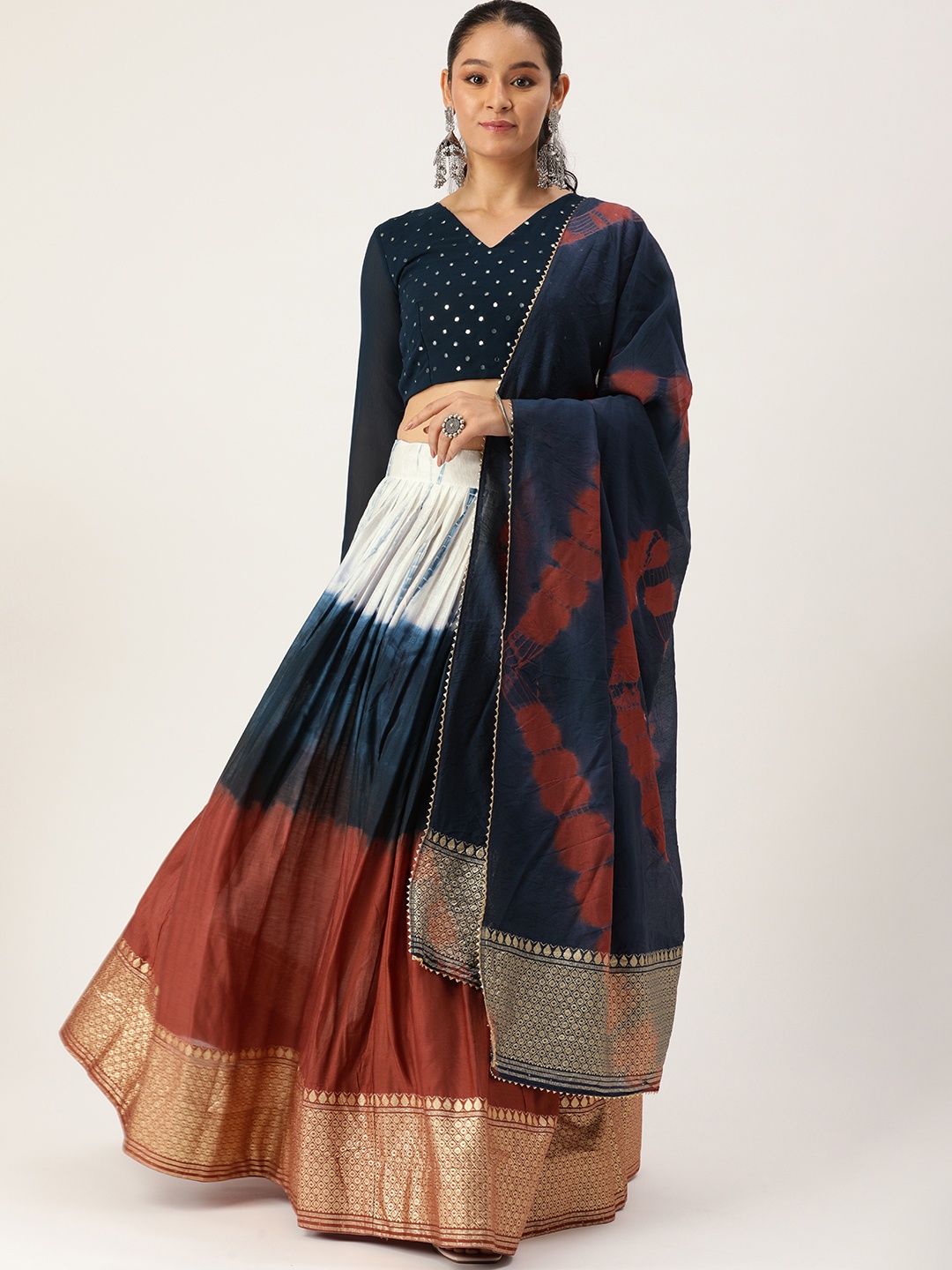 

LOOKNBOOK ART Embellished Mirror Work Shibori Lehenga & Blouse With Dupatta, Navy blue