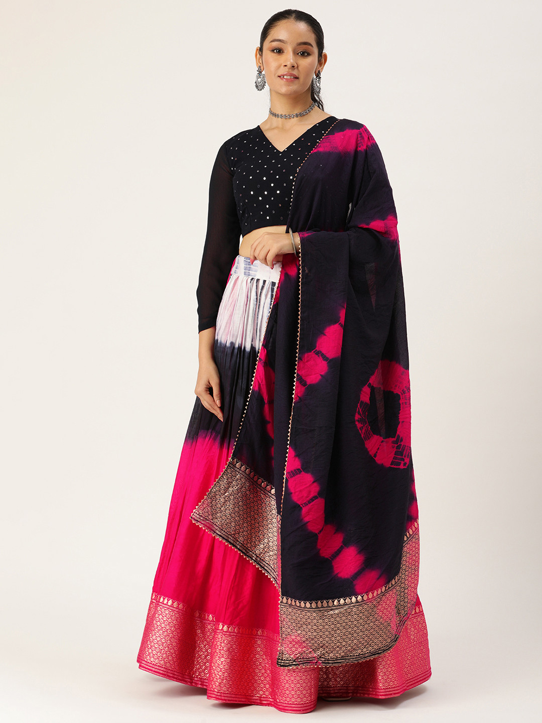 

LOOKNBOOK ART Embellished Mirror Work Shibori Lehenga & Blouse With Dupatta, Navy blue