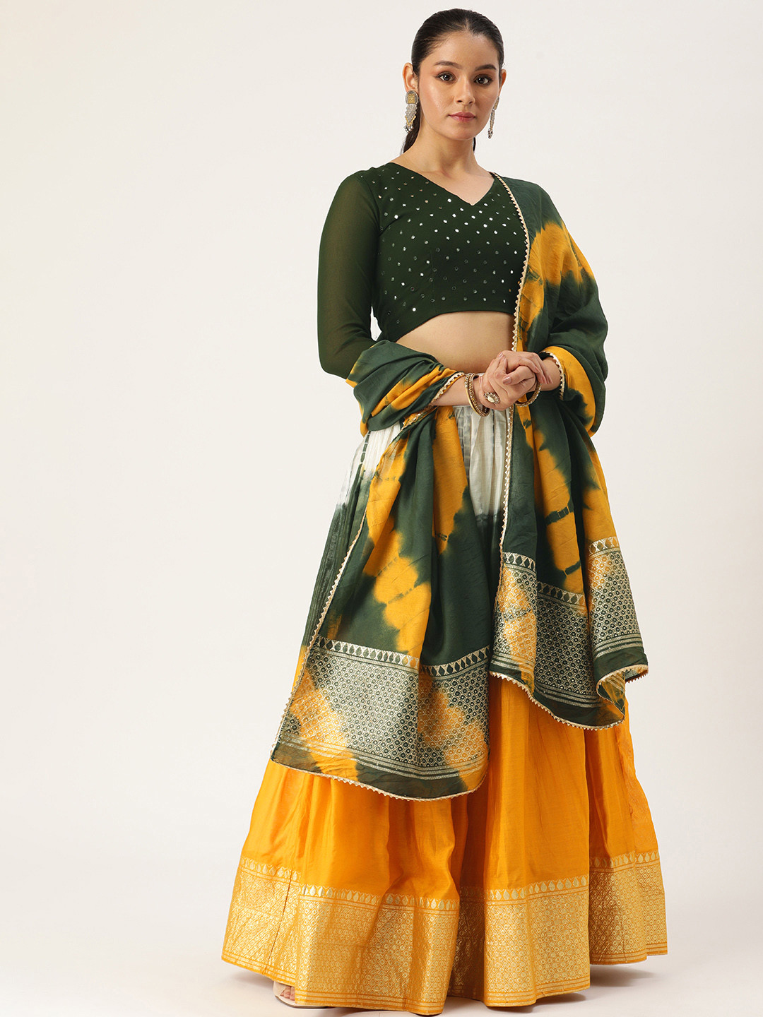 

LOOKNBOOK ART Embellished Mirror Work Shibori Lehenga & Blouse With Dupatta, Green