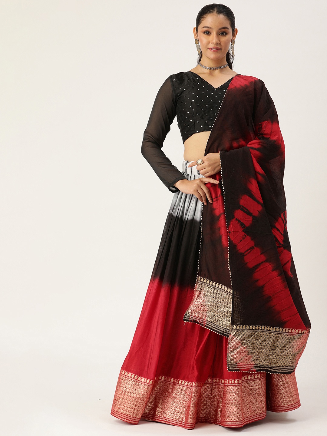 

LOOKNBOOK ART Embellished Mirror Work Shibori Lehenga & Blouse with Dupatta, Black