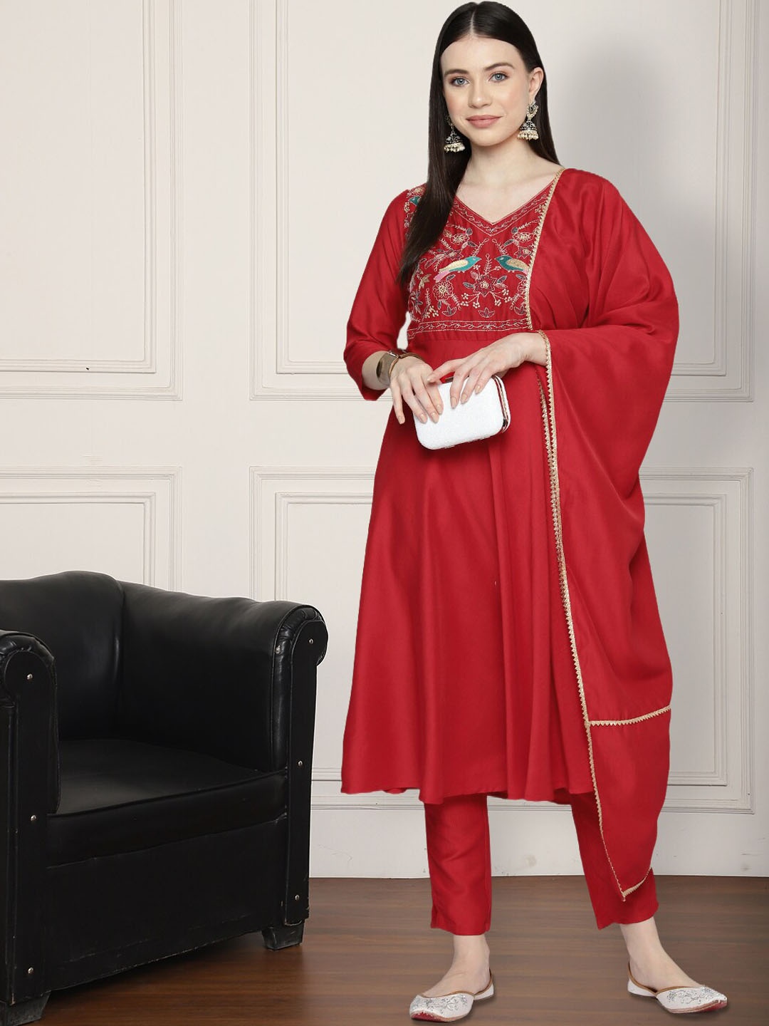 

Anouk Floral Embroidered A-Line Kurta With Trousers & Dupatta, Red