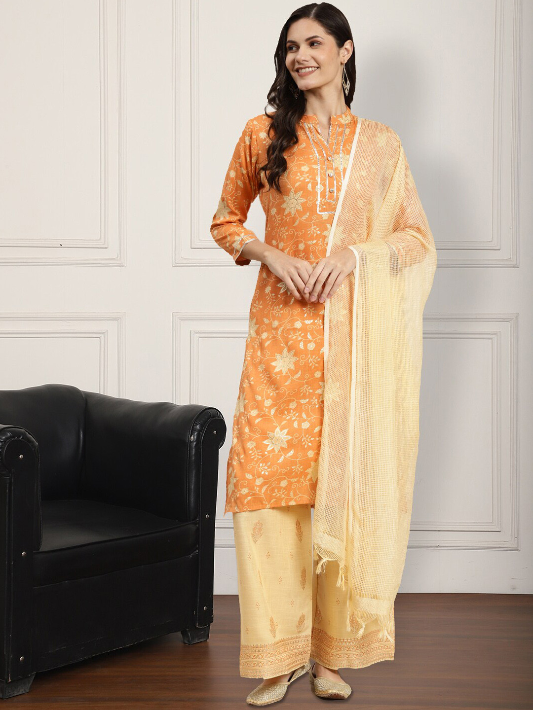 

Anouk Floral Printed Gotta Patti Mandarin Collar Kurta With Palazzos & Dupatta, Orange