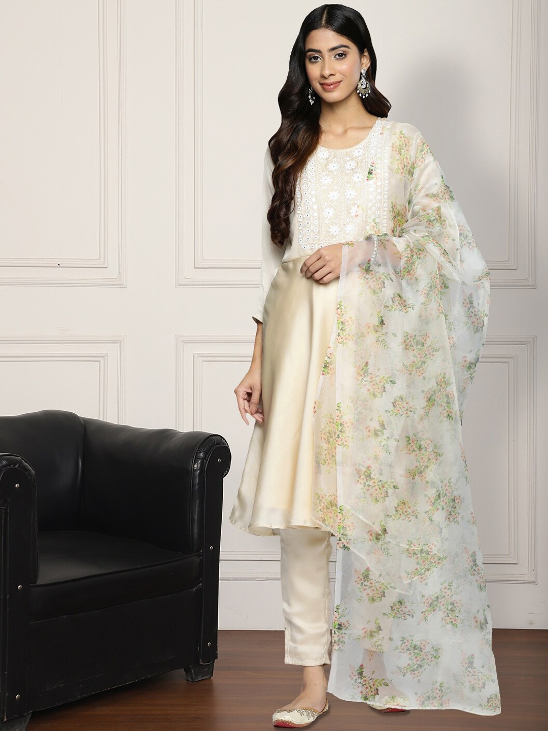 

Anouk Floral Embroidered Mirror Work Silk Georgette Anarkali Kurta With Trousers & Dupatta, Beige