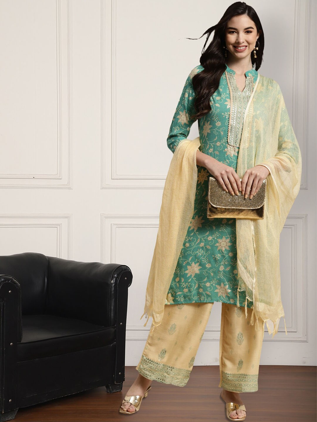 

Anouk Floral Printed Gotta Patti Mandarin Collar Kurta With Palazzos & Dupatta, Turquoise blue