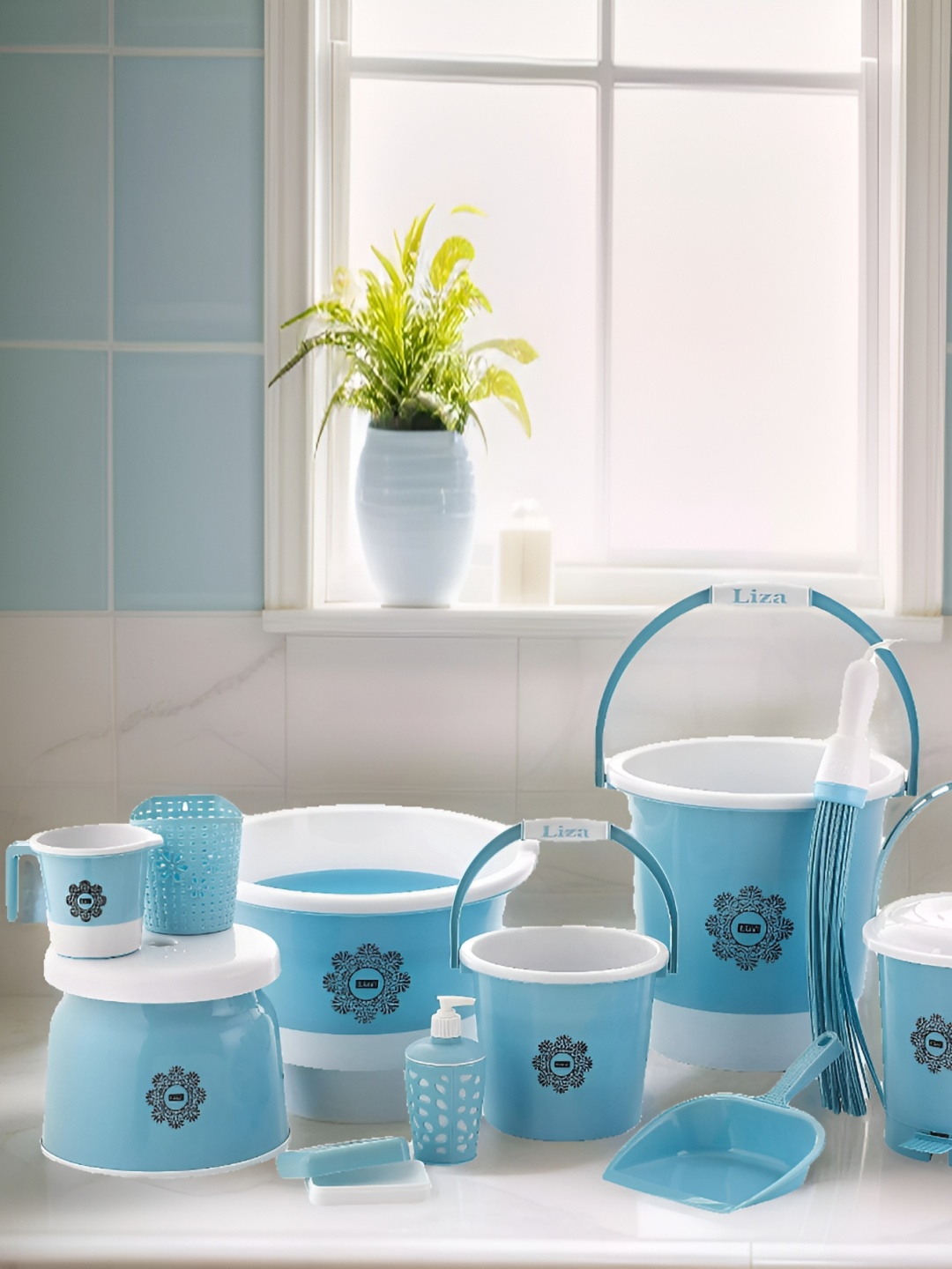 

NABHYA Blue & Blue 10 piece Floral Plastic Bath Accessories Set
