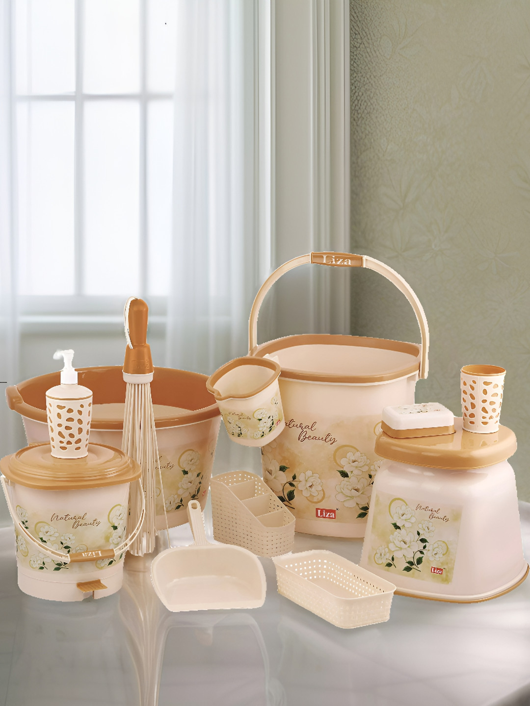 

NABHYA Brown & Brown 10 piece Floral Plastic Bath Accessories Set