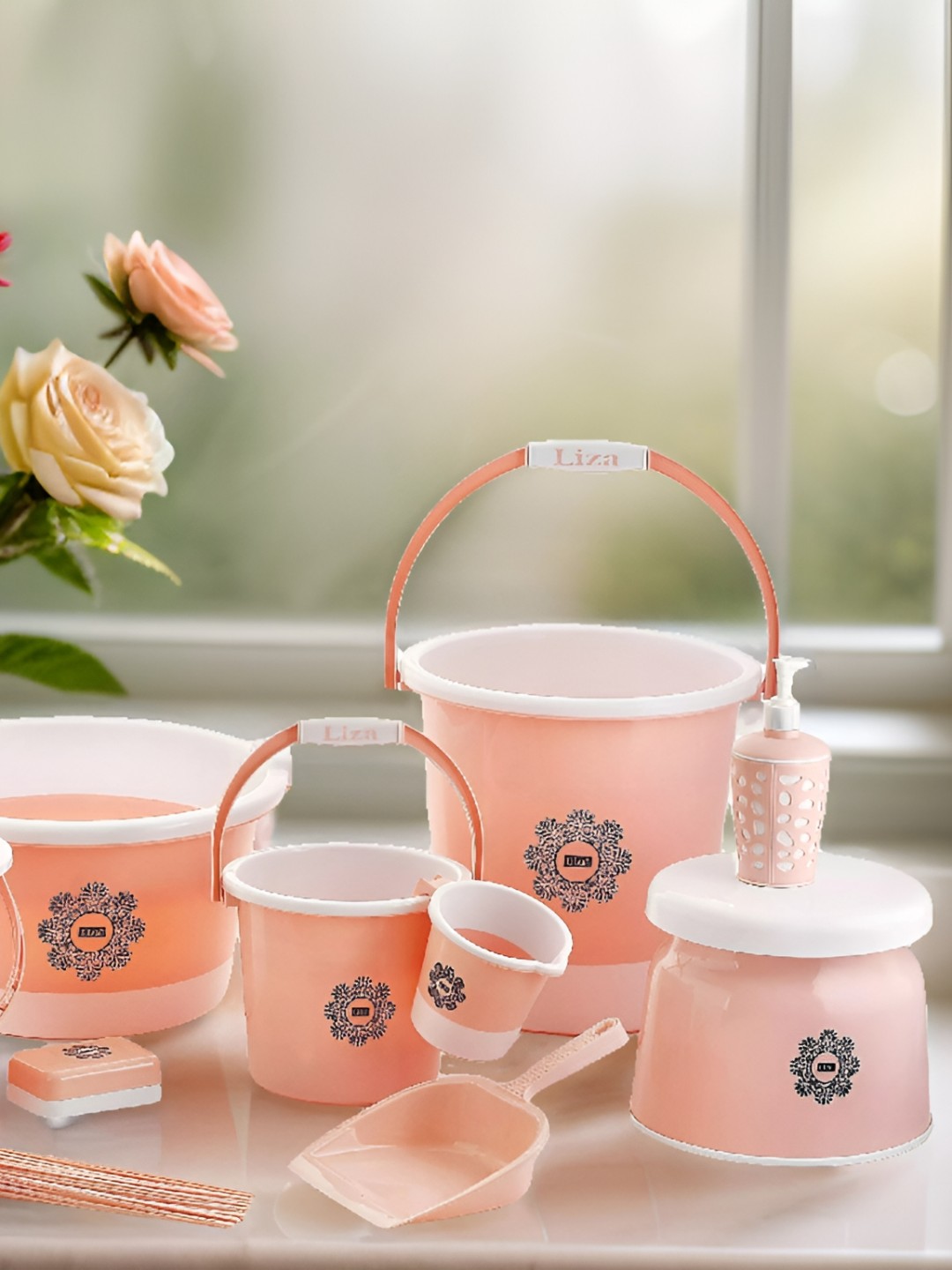 

NABHYA Pink & Pink 10 piece Floral Plastic Bath Accessories Set