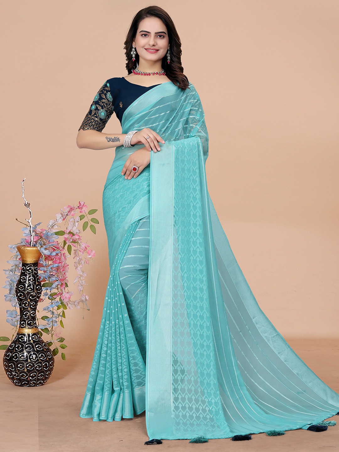 

K 5 Fashion Woven Design Striped Saree, Sea green