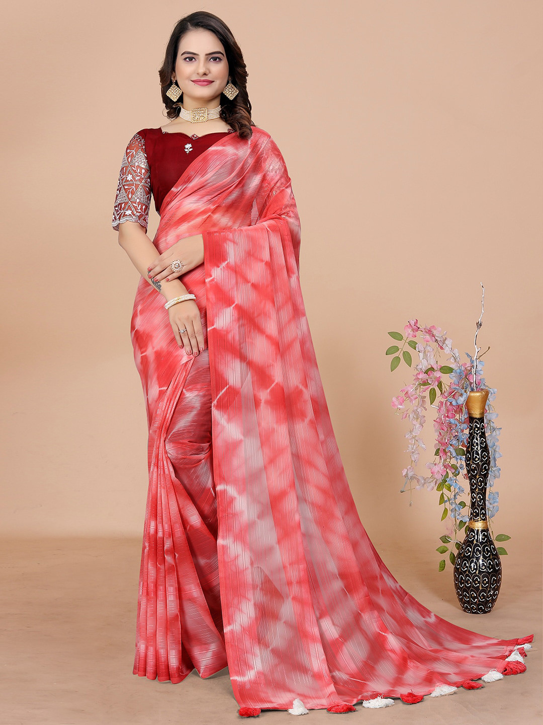 

K 5 Fashion Tie and Dye Georgette Saree, Pink