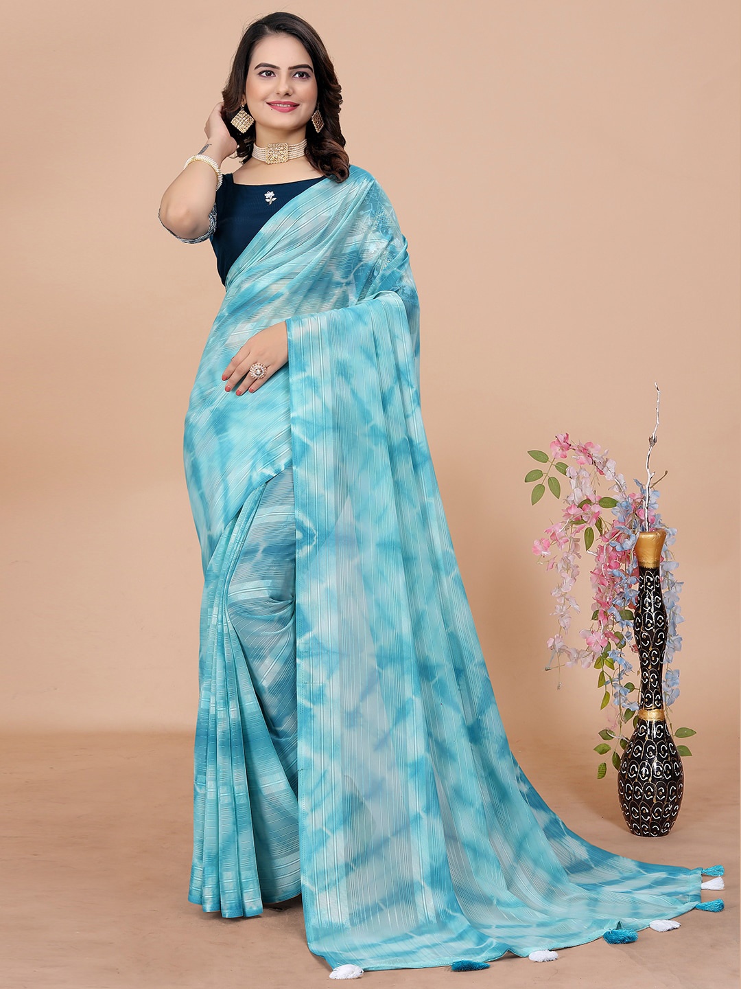 

K 5 Fashion Tie and Dye Printed Georgette Saree, Blue