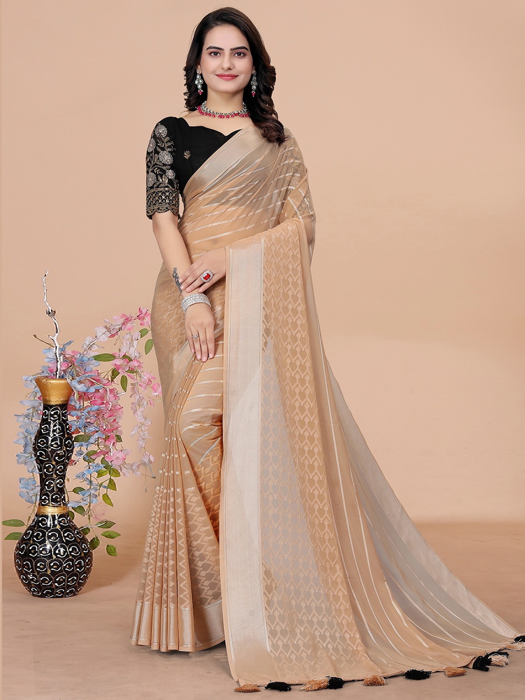 

K 5 Fashion Woven Design Striped Saree, Beige