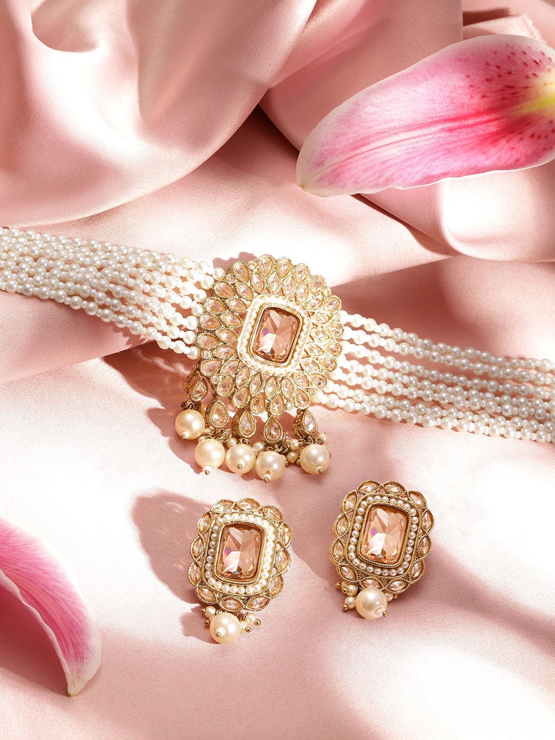 

Rubans Gold-Plated American Diamond Studded & Beaded Jewellery Set