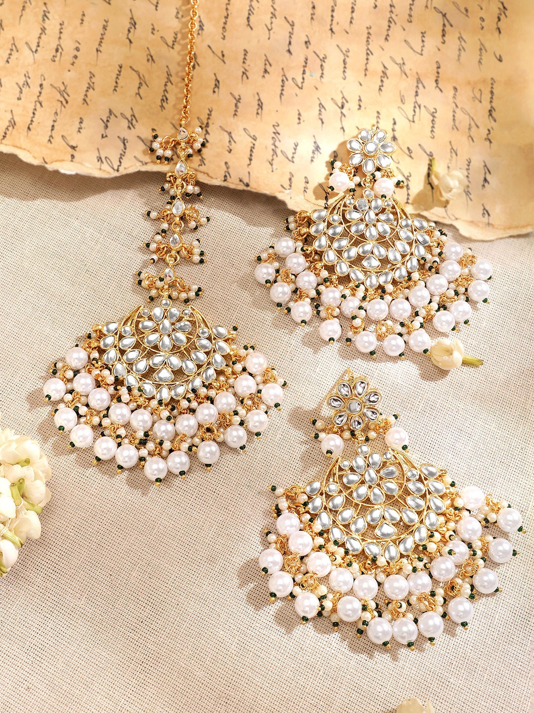 

Rubans 22K Gold Plated Kundan Chandbali Earrings & Maang Tika Set With Pearl Beads