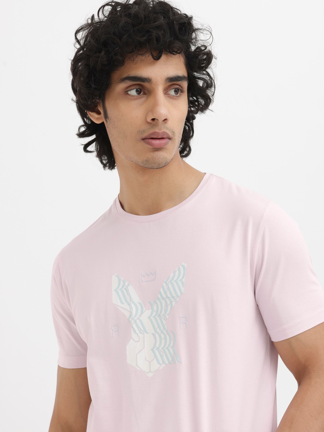 

RARE RABBIT Men Iced Regular Fit Graphic Printed Round Neck Cotton T-Shirt, Pink