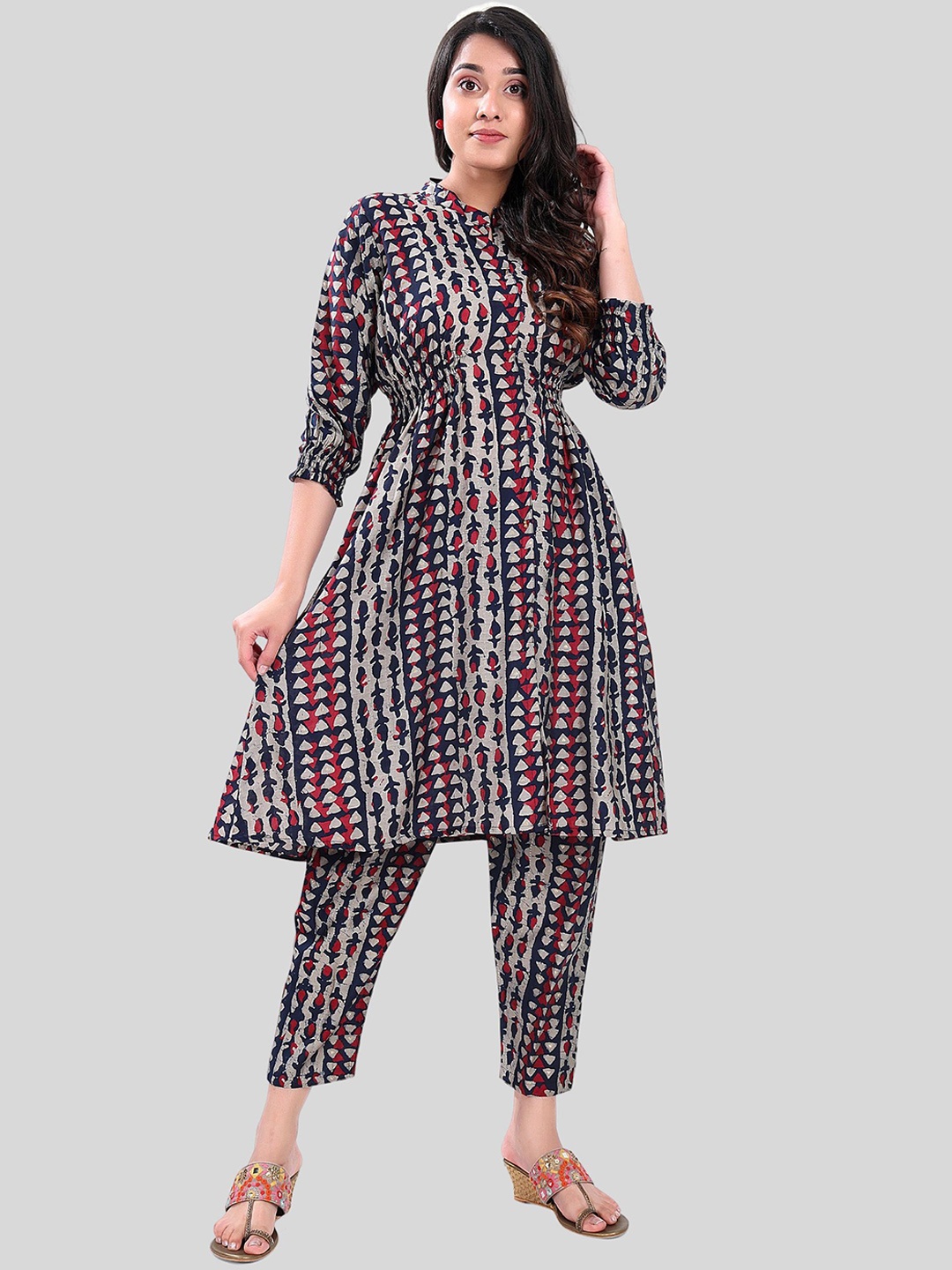 

Fabme Ethnic Motifs Printed A-Line Pure Cotton Kurta with Trousers, Navy blue