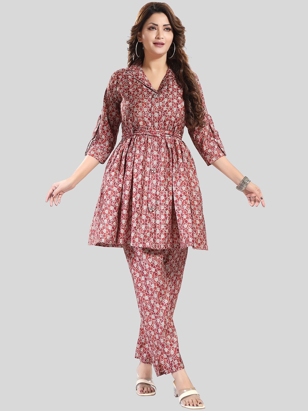 

Fabme Ethnic Motifs Printed Pleated Pure Cotton Kurta With Trousers, Red