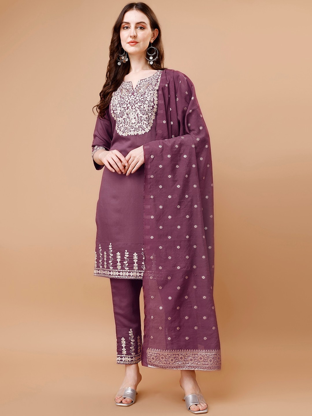 

KALINI Ethnic Motifs Embroidered Straight Kurta With Palazzos & Dupatta, Purple