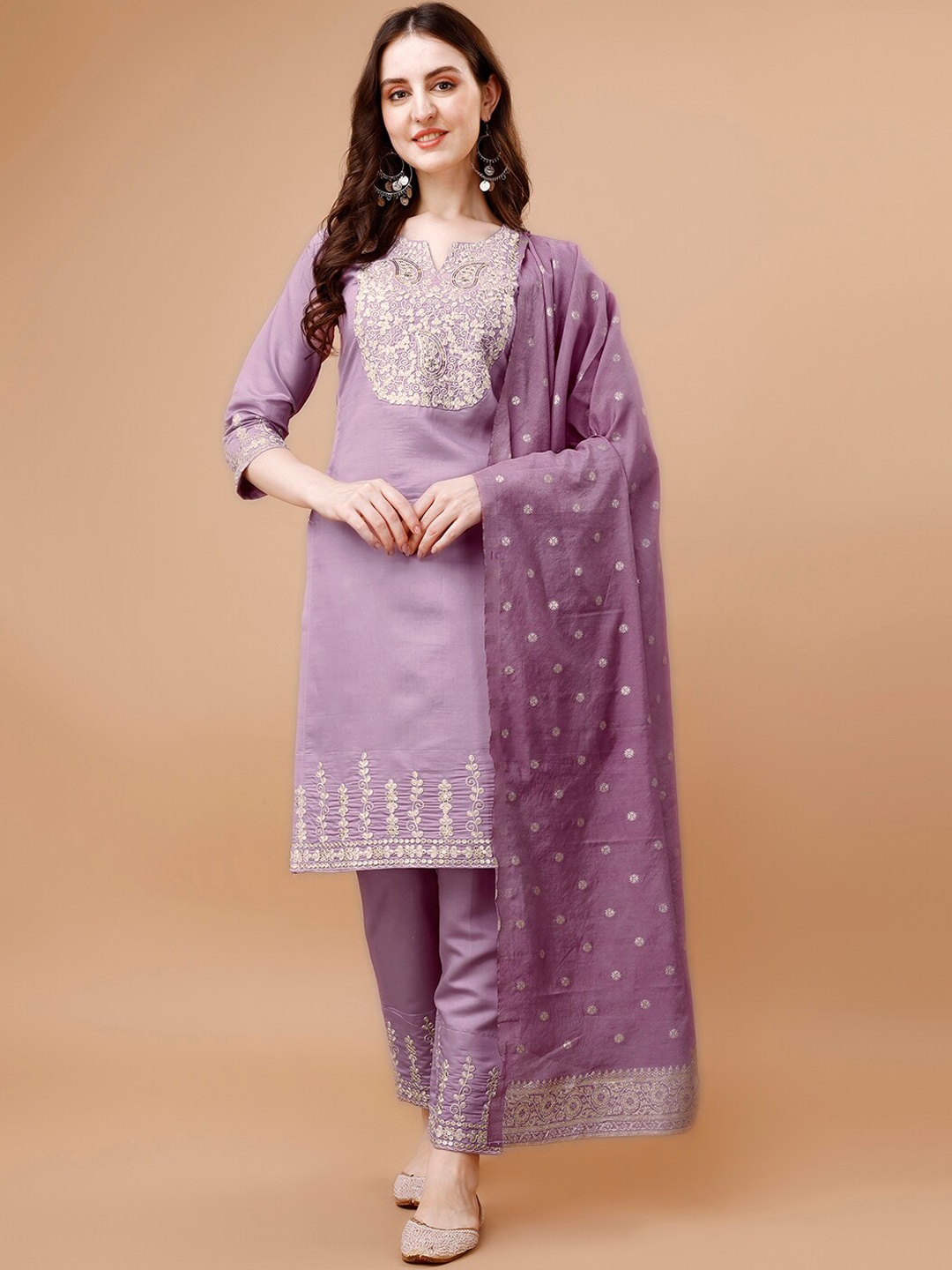 

KALINI Ethnic Motifs Embroidered Straight Kurta With Trousers & Dupatta, Purple