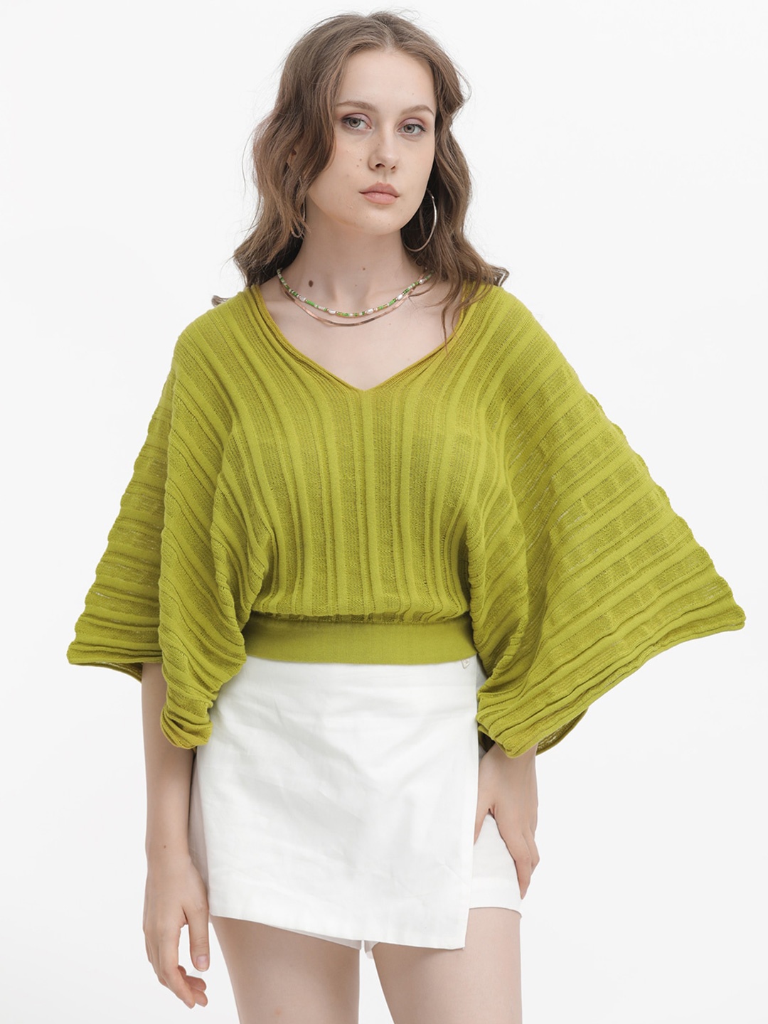 

RAREISM Striped Batwing Sleeve Cotton Top, Olive