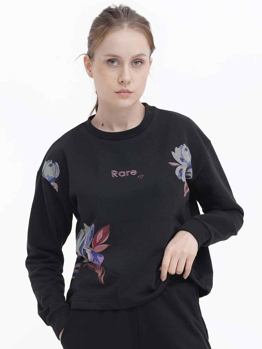 

RAREISM Floral Printed Cotton Pullover Sweatshirt, Black