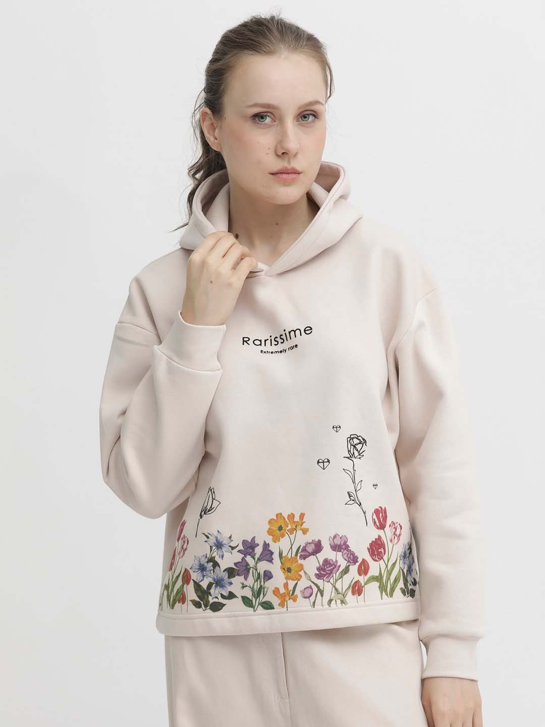 

RAREISM Floral Printed Hooded Cotton Sweatshirt, Beige