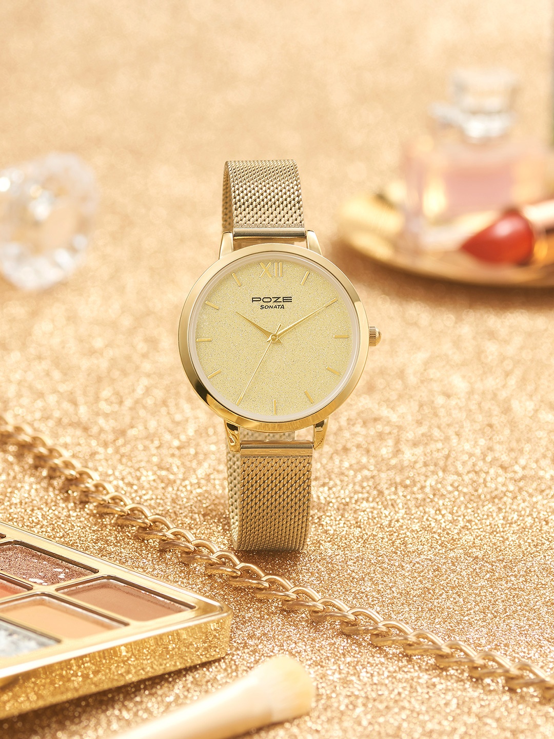 

Sonata Poze Women Embellished Dial & Strap Analogue Watch SP80023YM01W, Gold