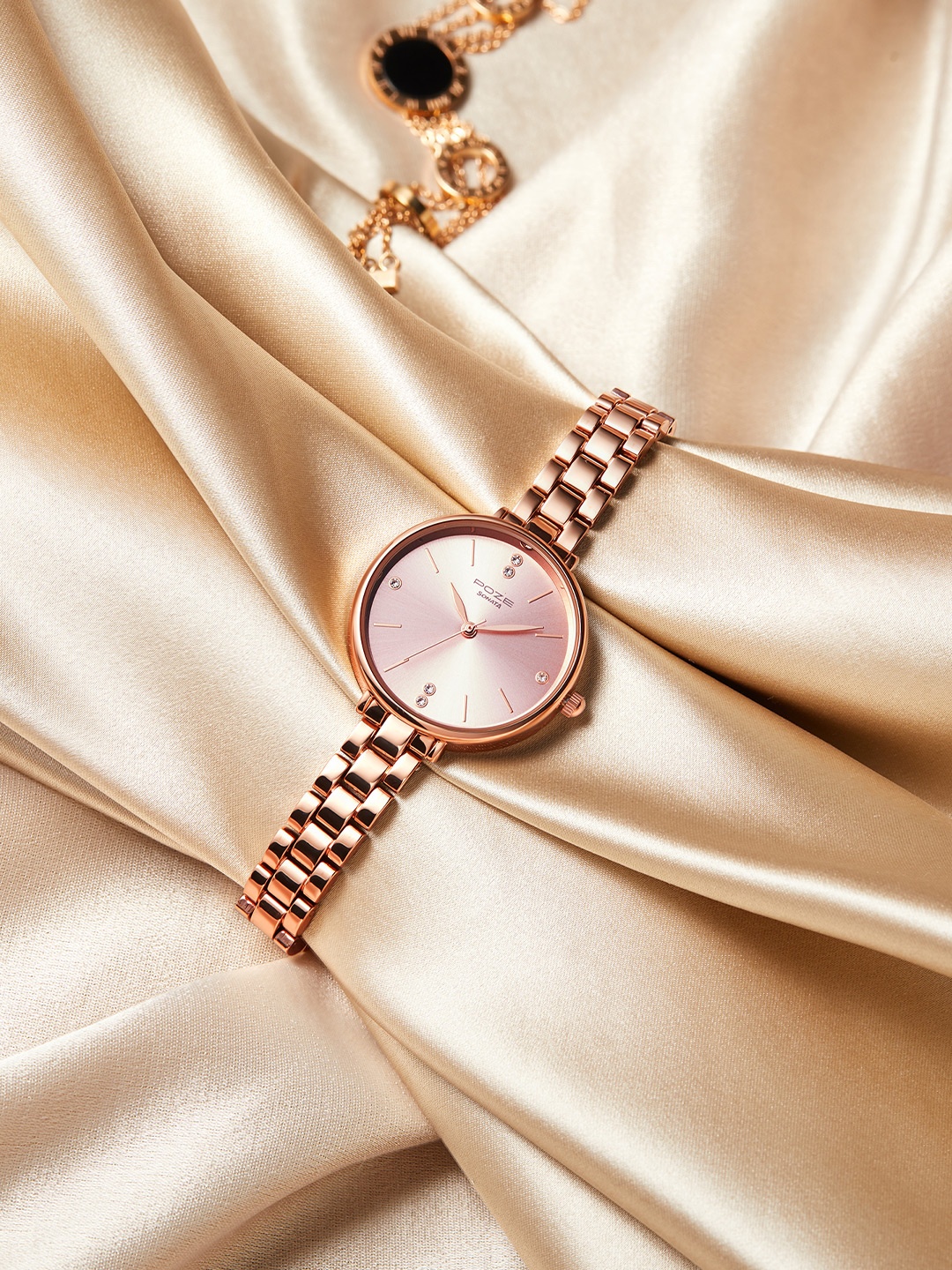 

Sonata Women Brass Embellished Dial & Bracelet Style Straps Analogue Watch SP80018WM01W, Rose gold