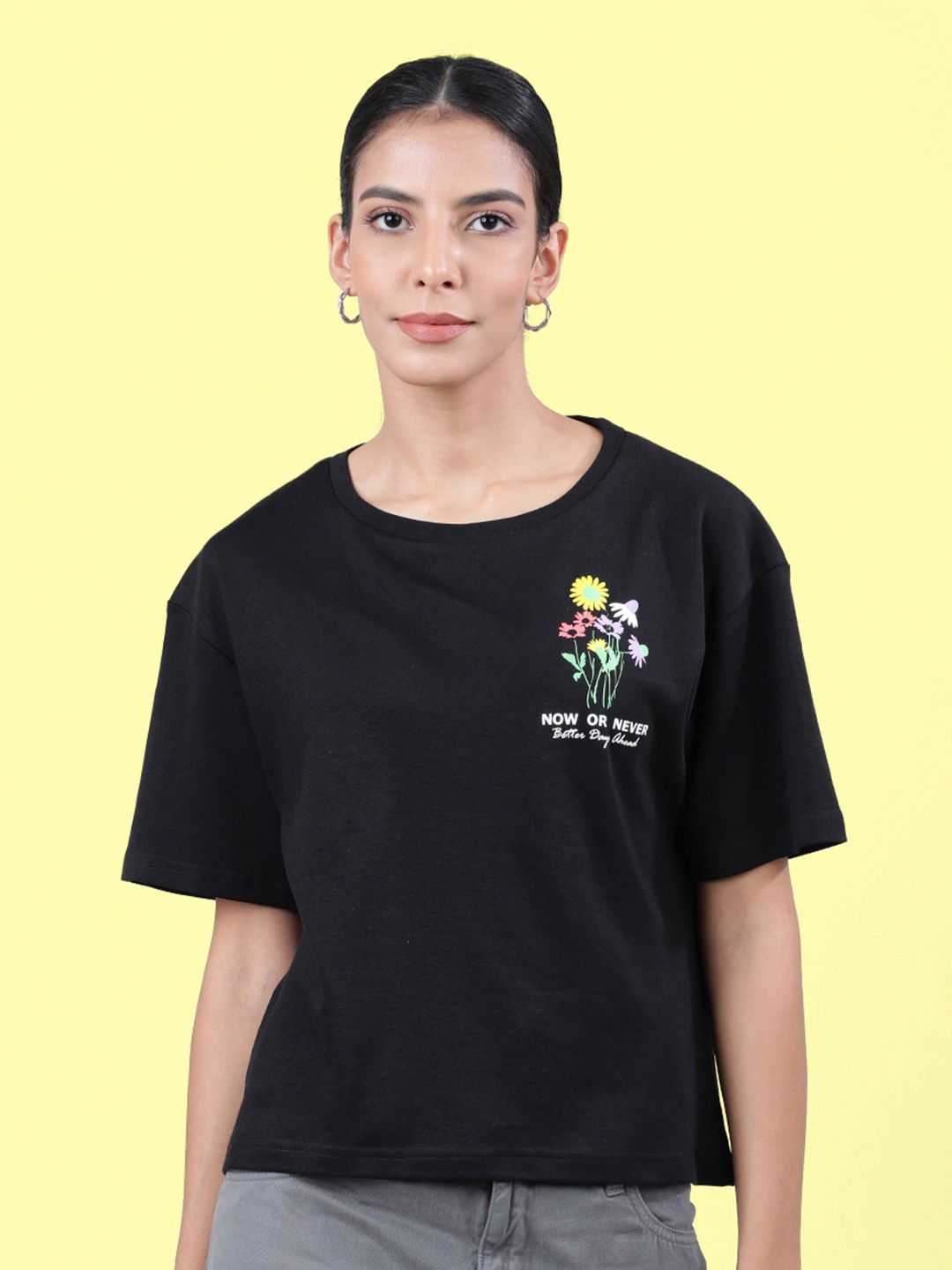 

Bene Kleed Women Pure Cotton Floral Printed Oversized T-Shirt, Black