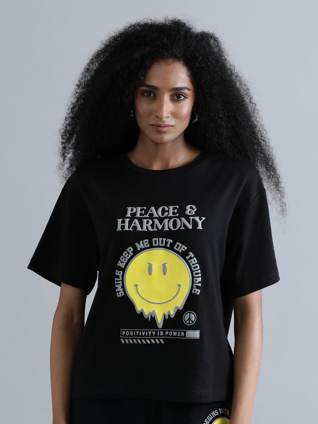 

Bene Kleed Women Pure Cotton Graphic Printed Oversized T-Shirt, Black