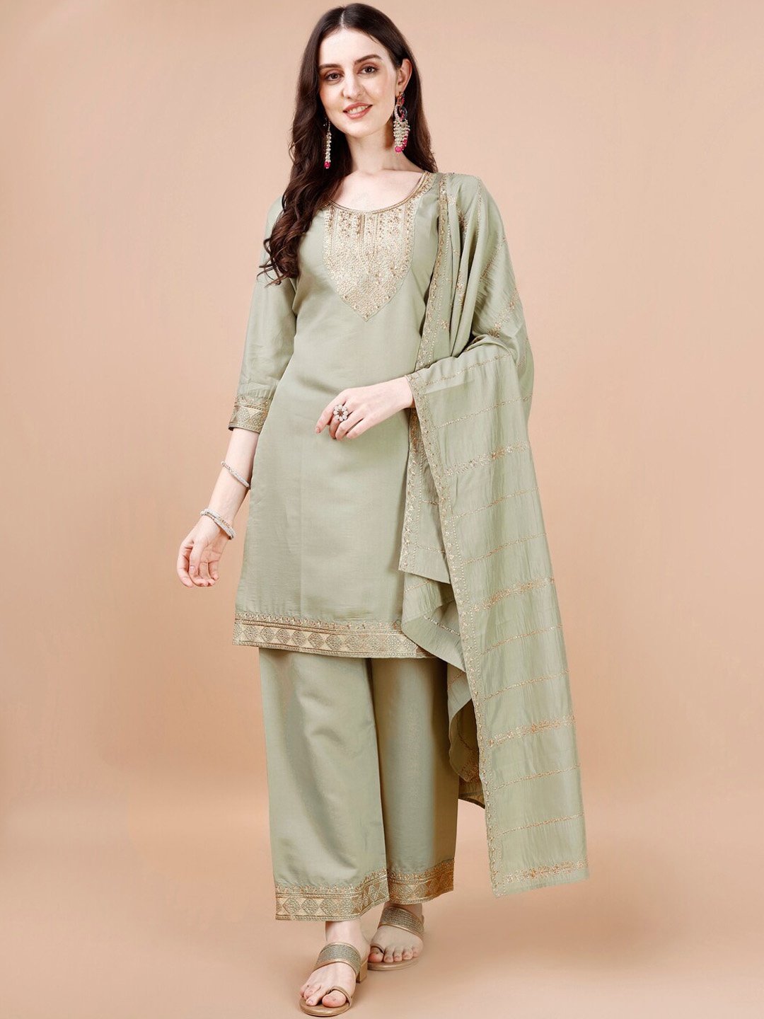 

KALINI Ethnic Motifs Embroidered Straight Kurta With Palazzos & Dupatta, Green