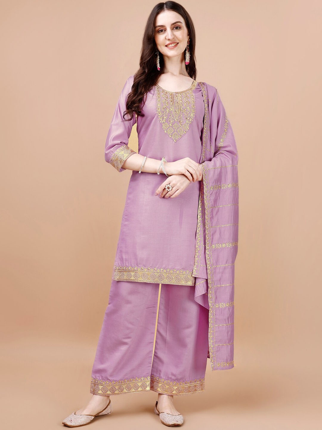 

KALINI Ethnic Moif Embroidered Straight Kurta & Trousers With Dupatta, Purple