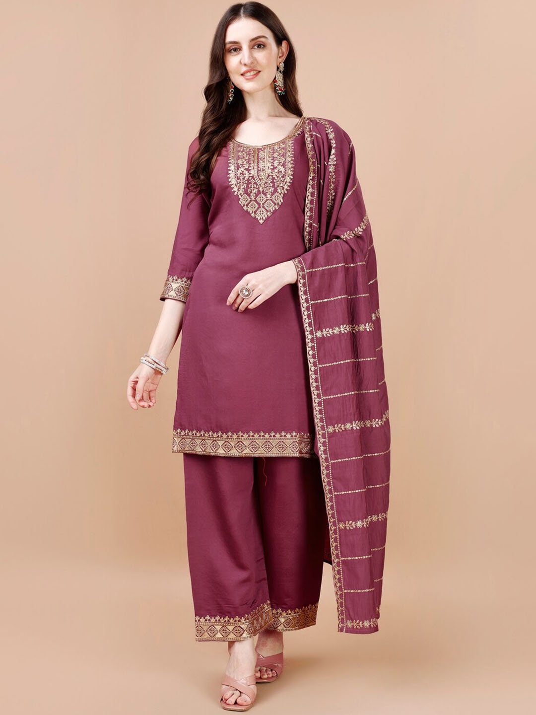 

KALINI Women Ethnic Motifs Embroidered Regular Kurta Set & With Dupatta, Purple