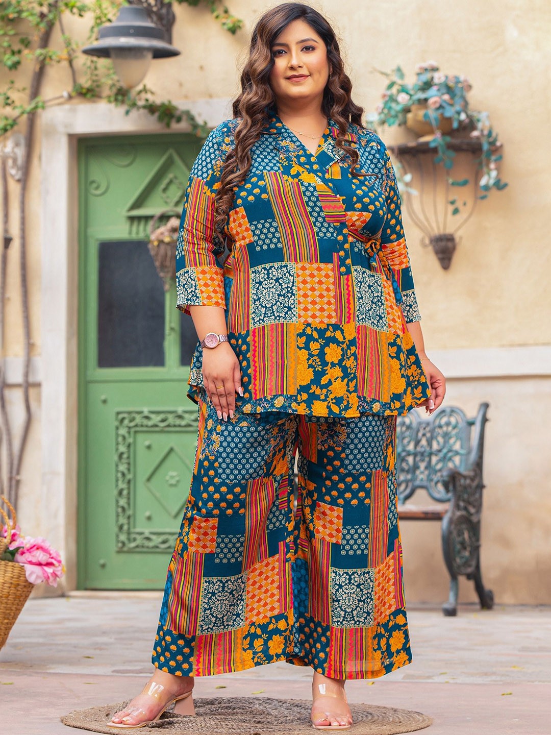 

PrettyPlus by Desinoor.com Plus Size Printed Collar Neck Tunic & Palazzos, Teal