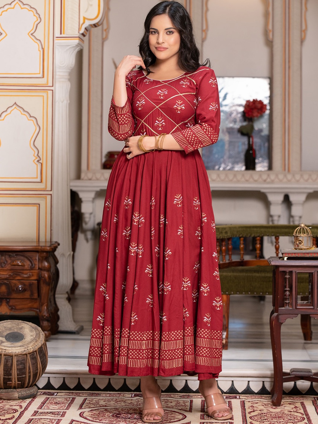 

Indi INSIDE Ethnic Motifs Printed Block Print Anarkali Kurta, Maroon