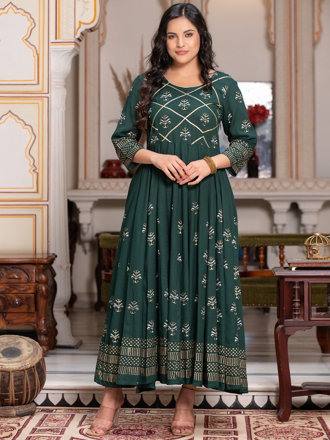 

Indi INSIDE Floral Block Printed Anarkali Kurta, Green