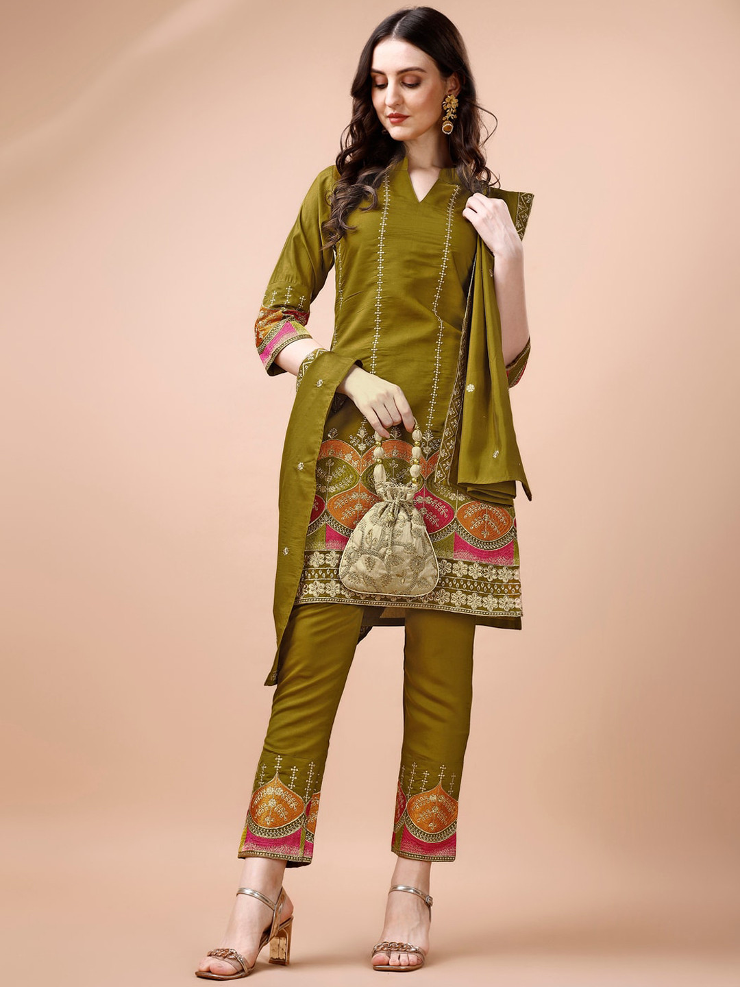 

KALINI Ethnic Motifs Embroidered Mandarin Collar Straight Kurta with Trousers & Dupatta, Olive