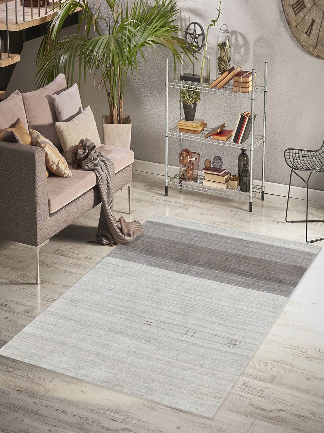 

saraswatii global Grey & White Striped Rectangular Woolen Hand-Tufted Carpet