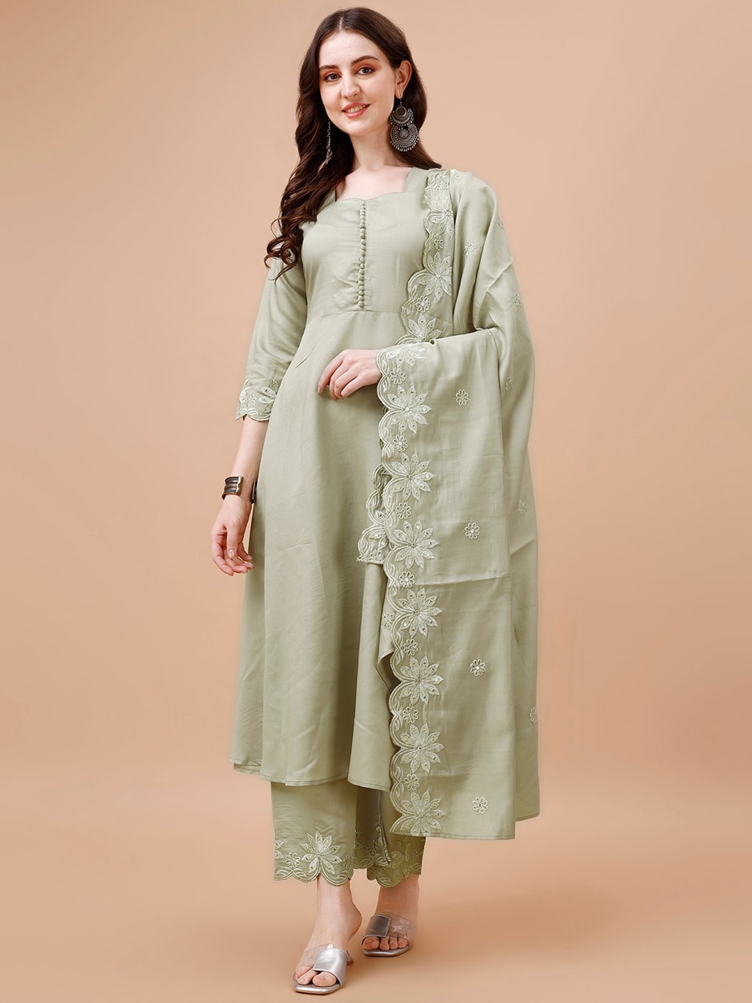 

KALINI Embroidered Empire Kurta With Palazzos & Dupatta, Green