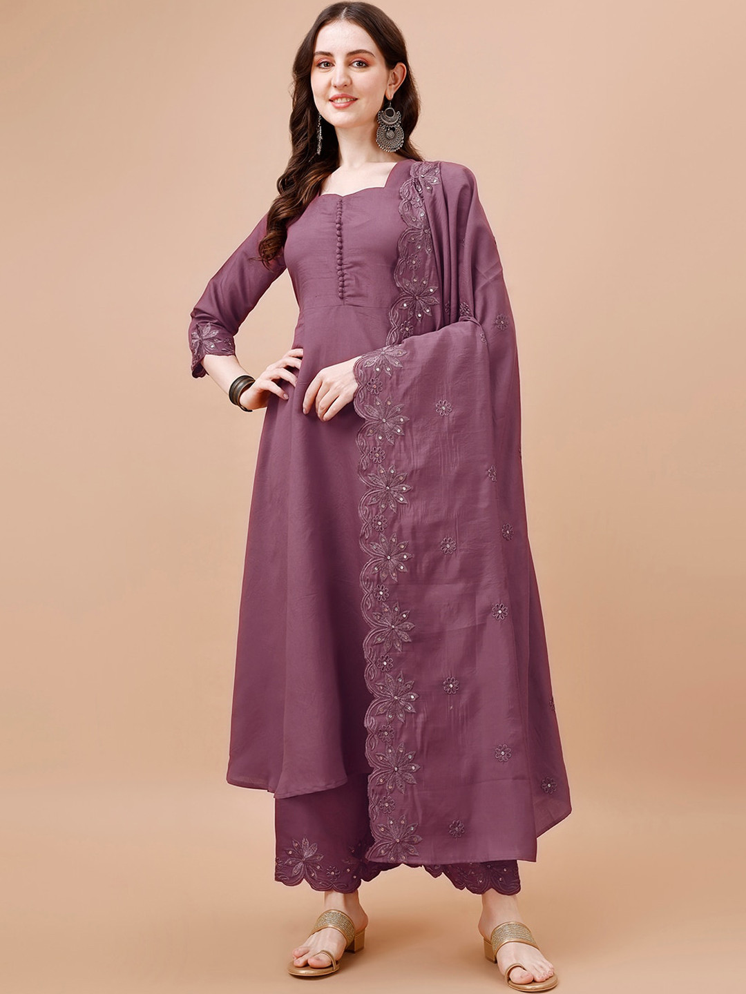 

KALINI Ethnic Motifs Embroidered Regular Anarkali Kurta with Palazzos & Dupatta, Purple
