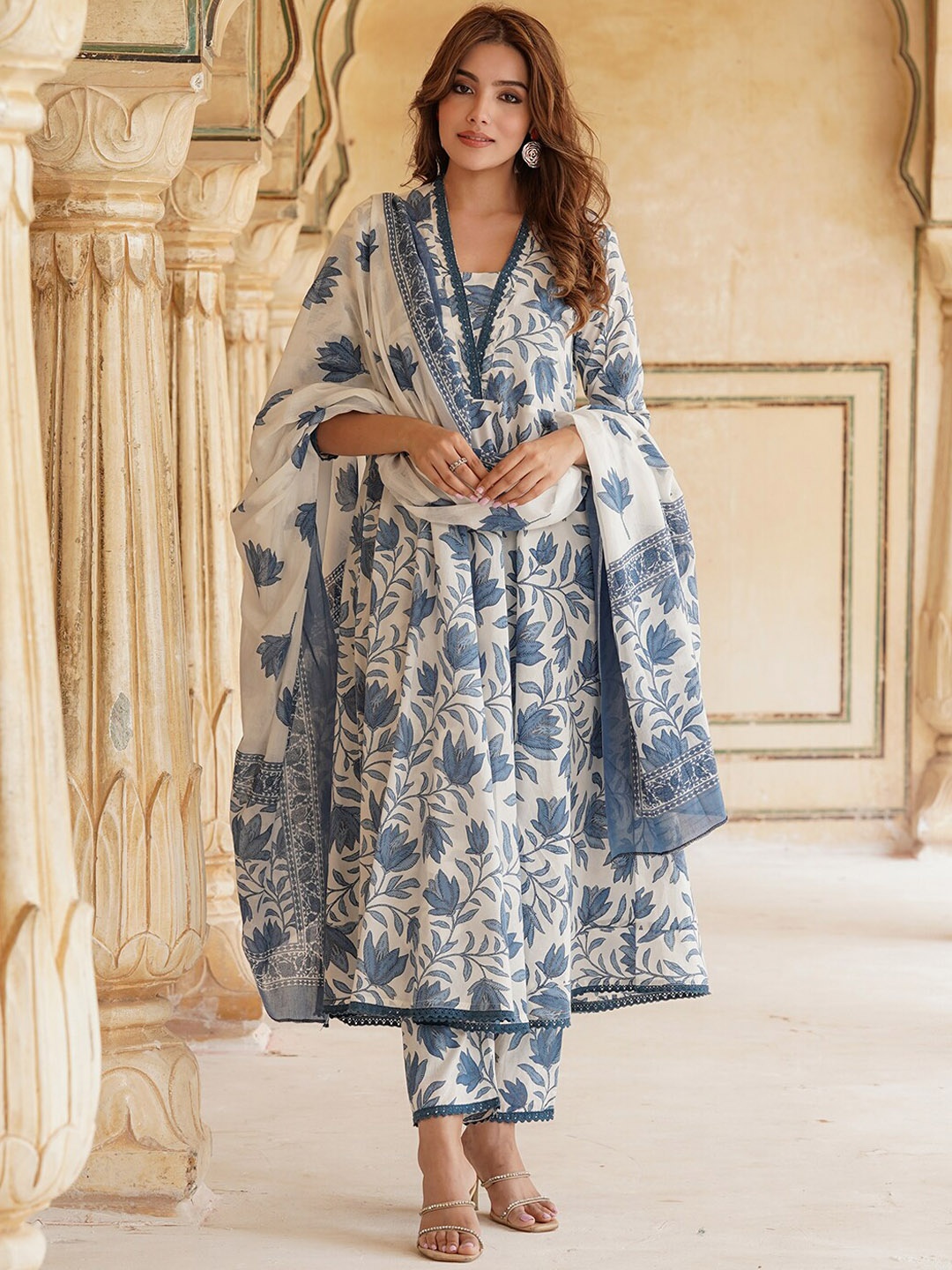 

KALINI Floral Printed Pure Cotton Anarkali Kurta With Trousers & Dupatta, Blue