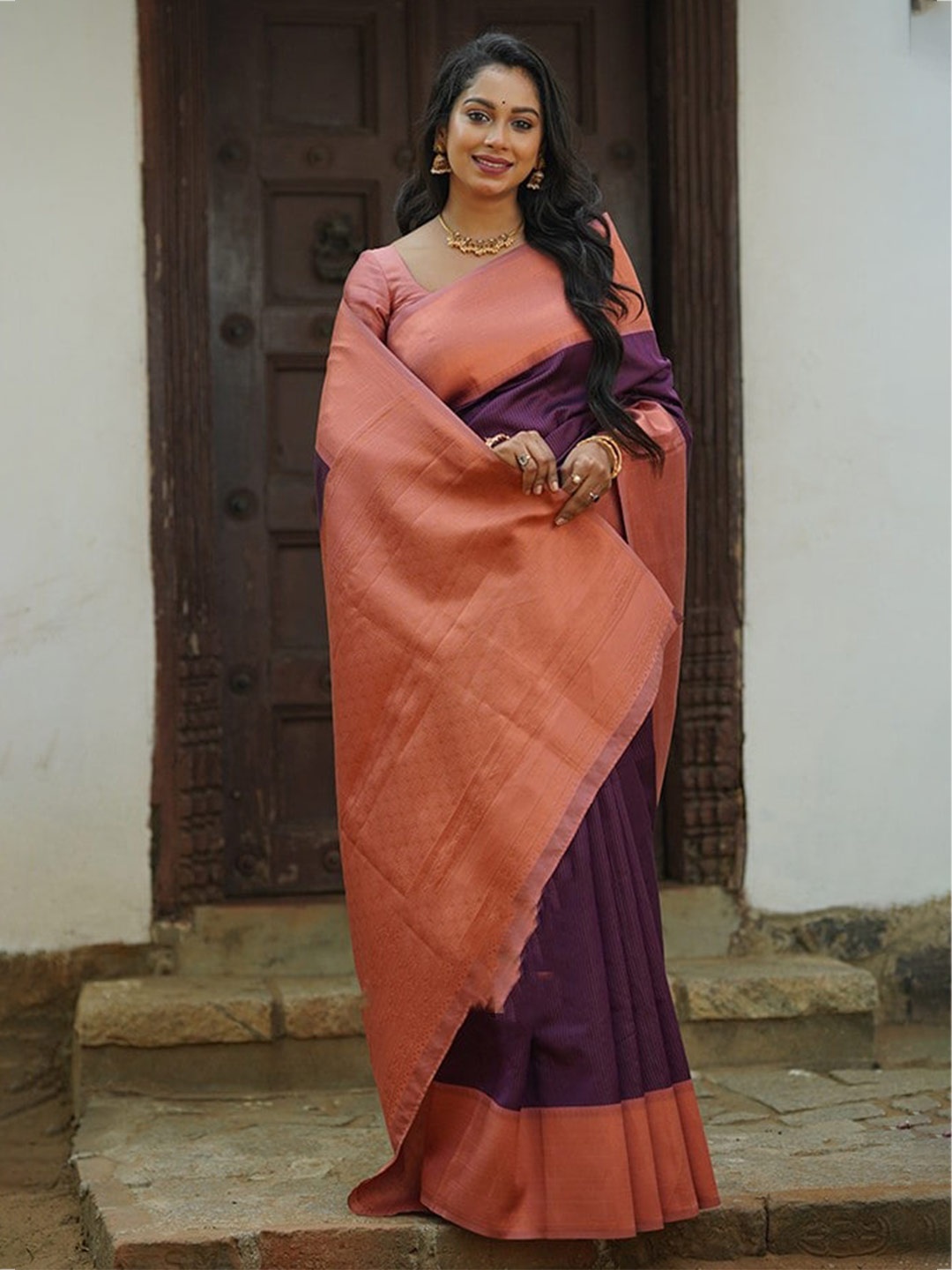 

bansari textiles Striped Zari Pure Silk Kanjeevaram Saree, Purple