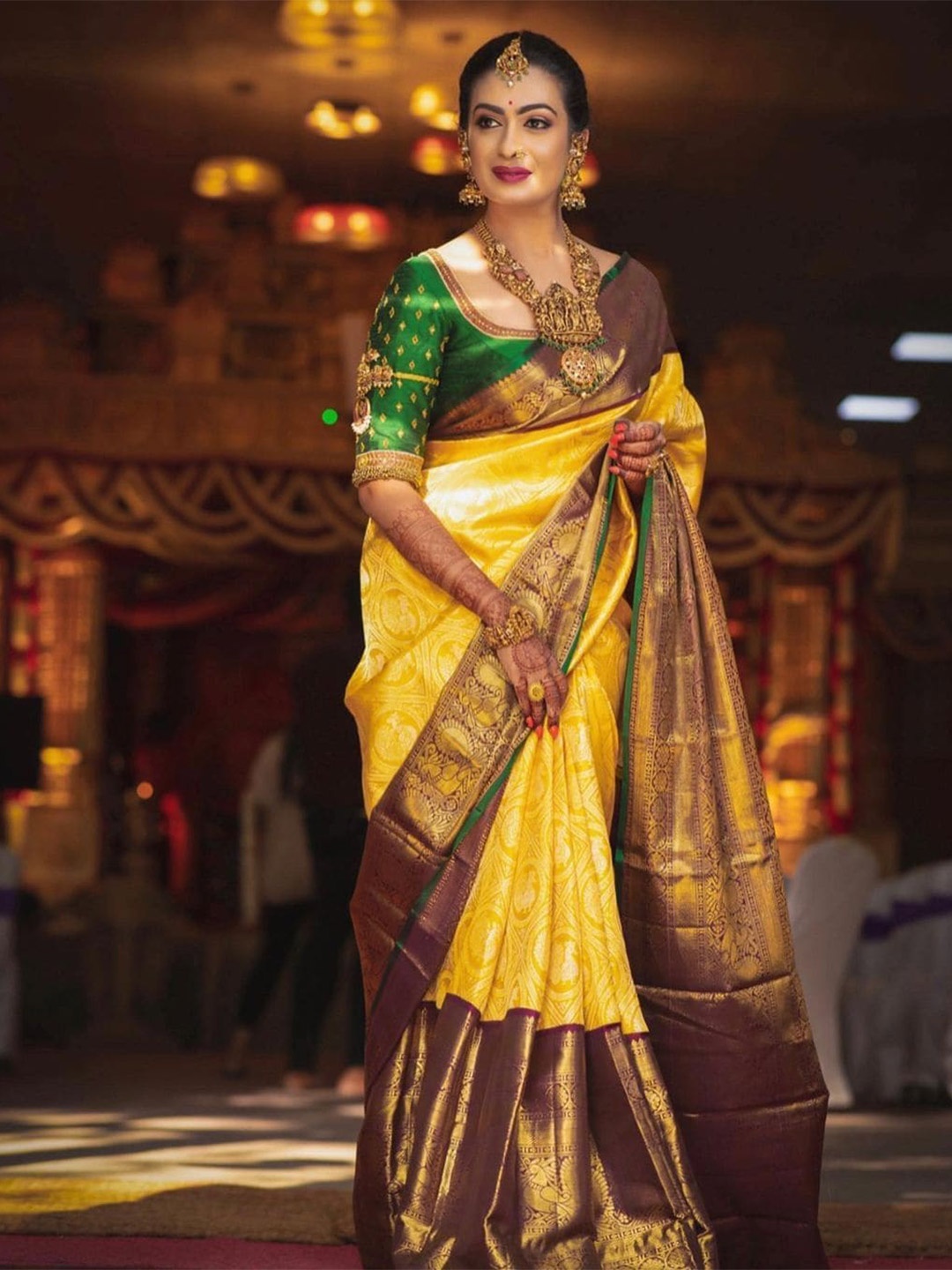 

bansari textiles Ethnic Motifs Woven Design Zari Pure Silk Kanjeevaram Saree, Yellow
