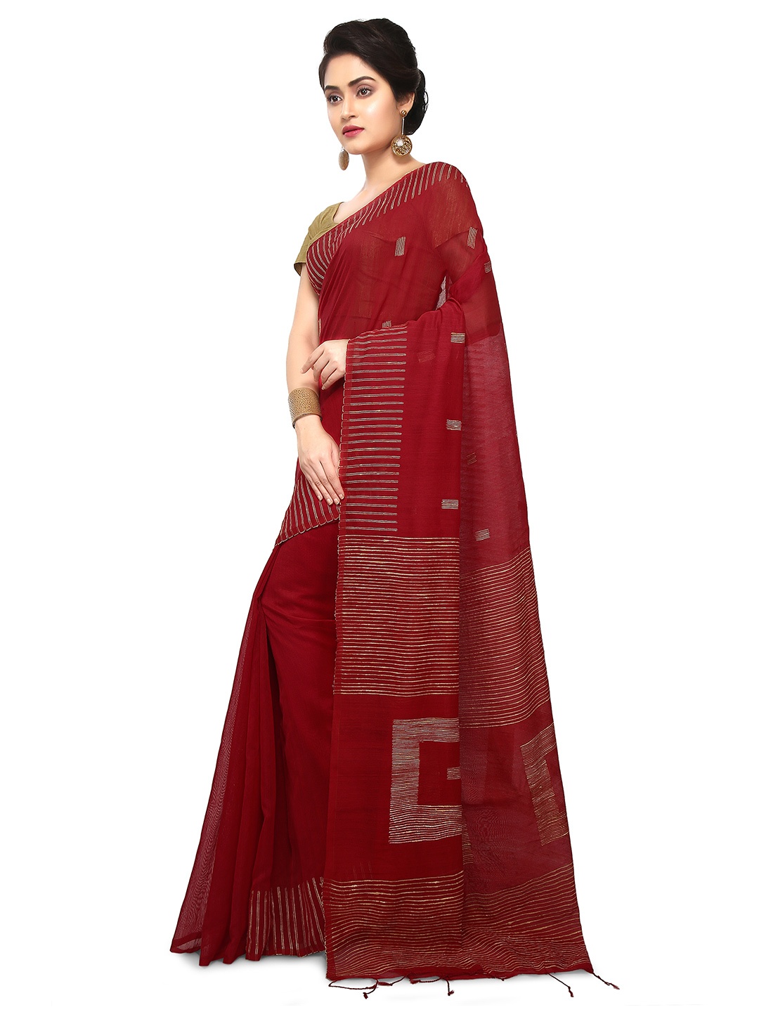 

BENGAL HANDLOOM Geometric Woven Design Art Silk Taant Saree, Maroon