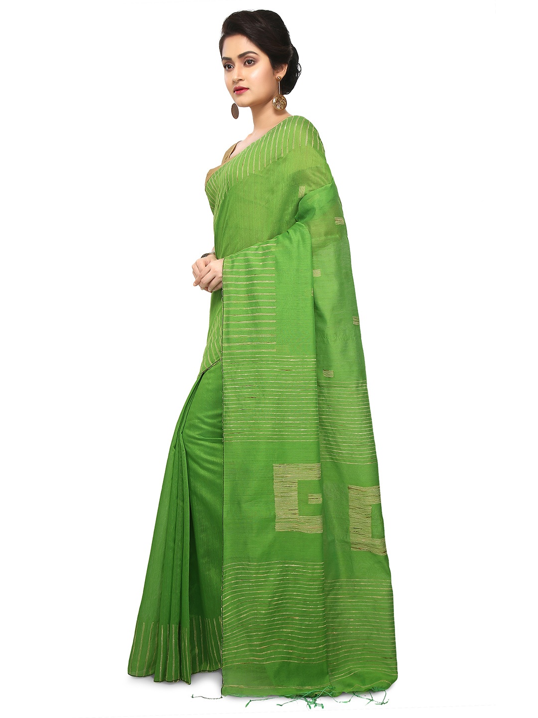 

BENGAL HANDLOOM Woven Design Zari Art Silk Taant Saree, Green