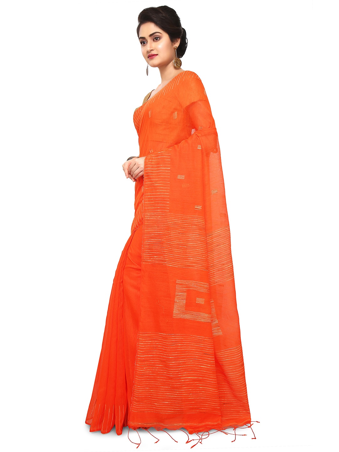 

BENGAL HANDLOOM Woven Design Zari Art Silk Taant Saree, Orange