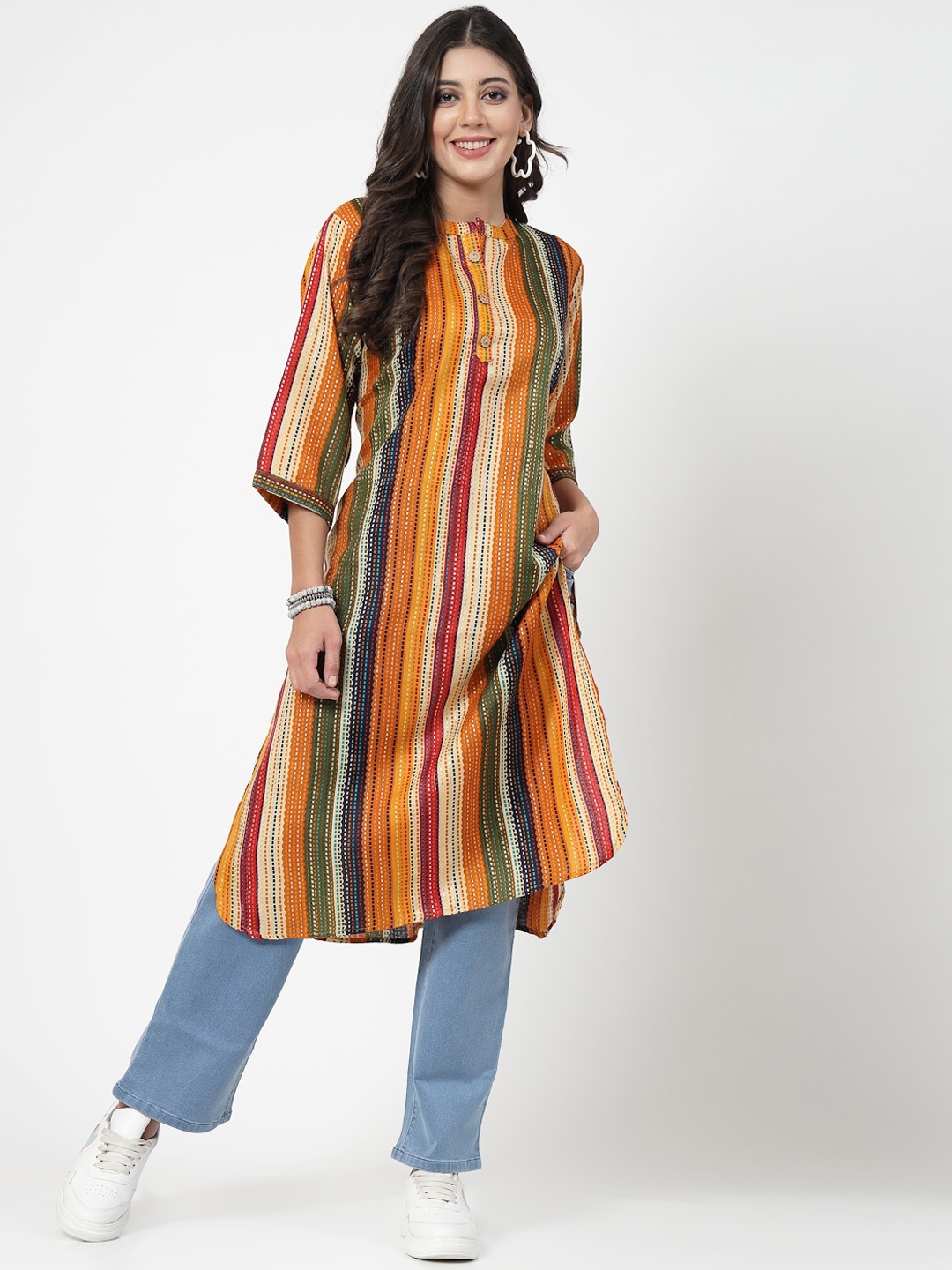 KALINI Striped Mandarin Collar Cotton Straight Kurta, Orange