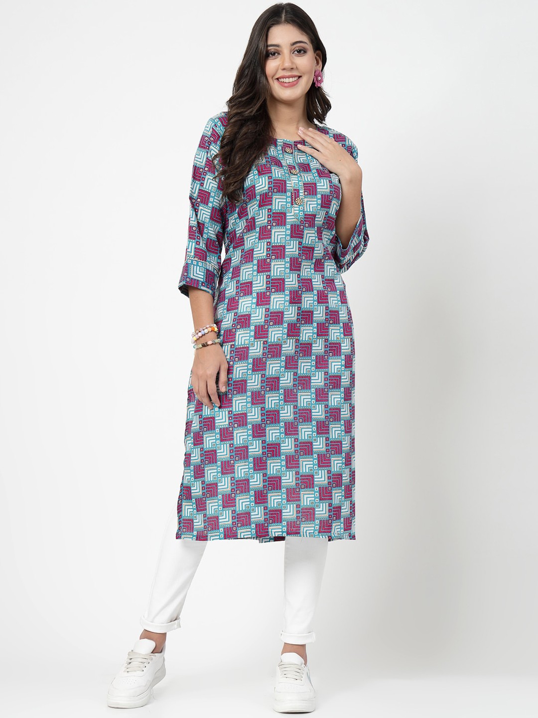 

KALINI Geometric Printed Round Neck Gotta Patti Cotton Straight Kurta, Blue